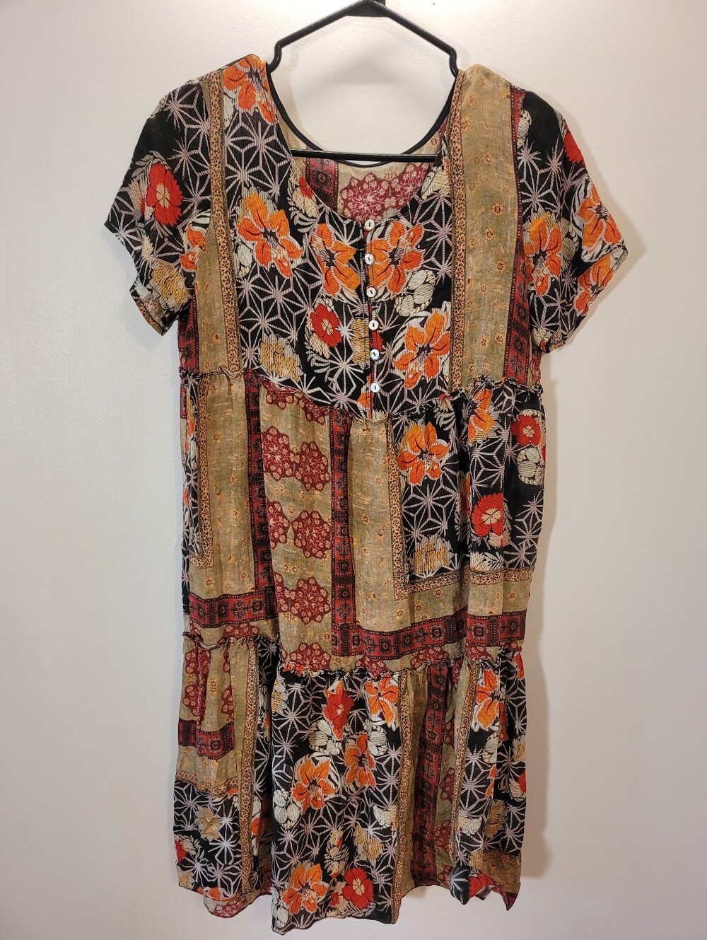 Boho 100% Silk Floral Patchwork Midi Dress Mandala Print Tan Red - Size M